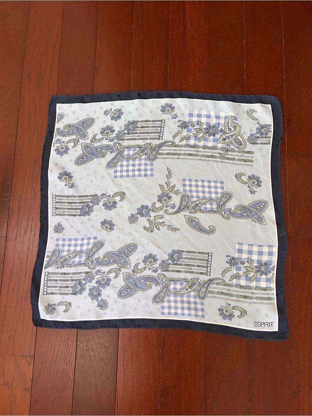 Vintage ESPRIT Square Silk Scarf Paisley Gingham
Plaid Navy Blue Mixed Media 18”